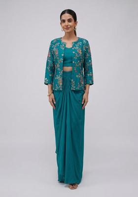 Teal Embroidered Crepe Fusion Set