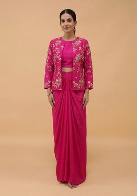 Magenta Embroidered Crepe Fusion Set