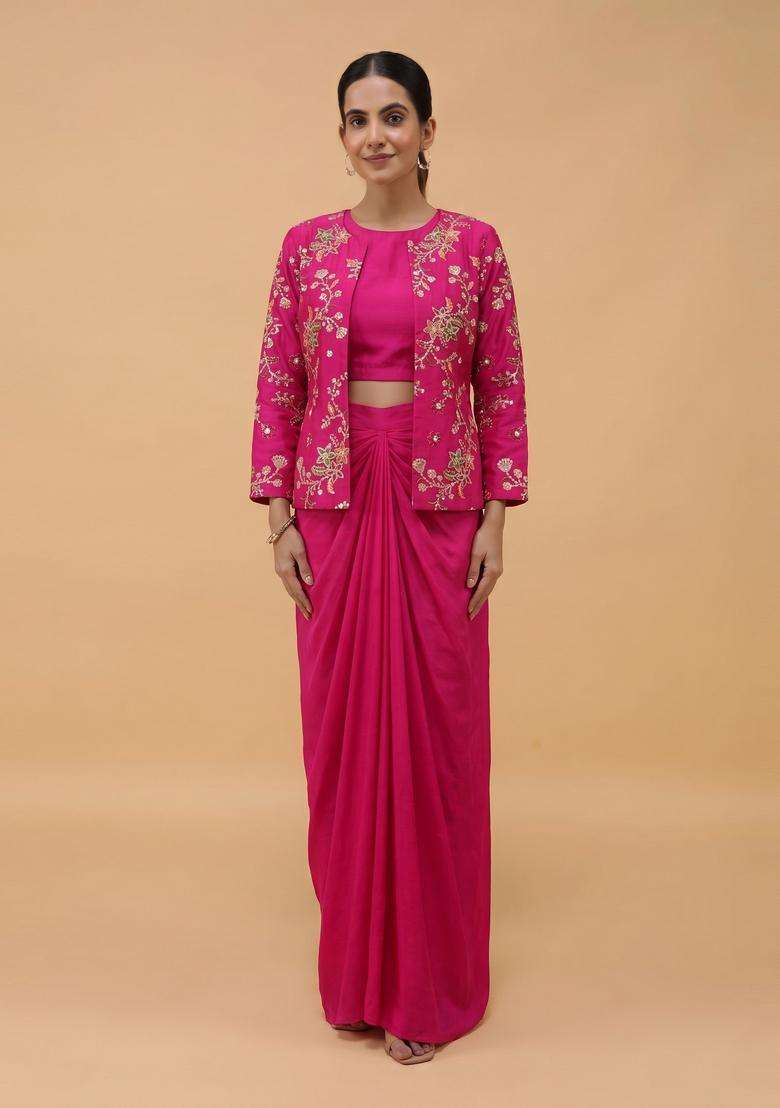 Magenta Embroidered Crepe Fusion Set - Indya