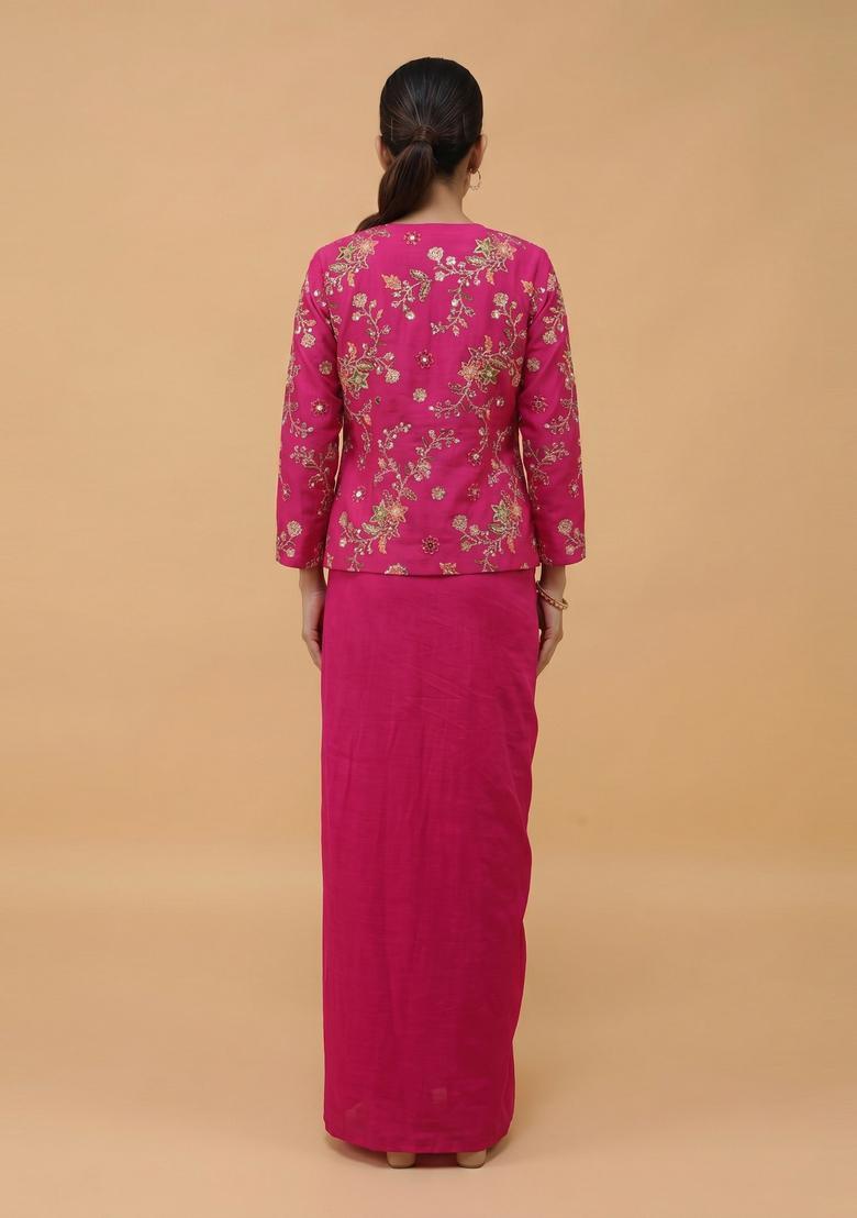Magenta Embroidered Crepe Fusion Set - Indya