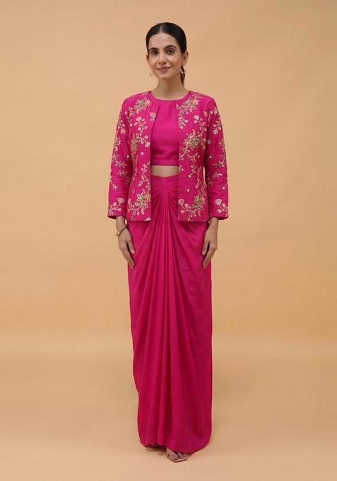 Magenta Embroidered Crepe Fusion Set
