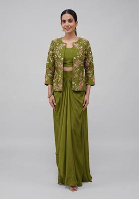 Olive Green Embroidered Crepe Fusion Set