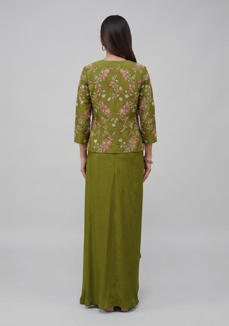 Olive Green Embroidered Crepe Fusion Set - Indya