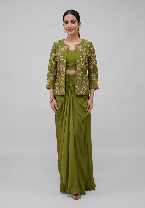 Olive Green Embroidered Crepe Fusion Set