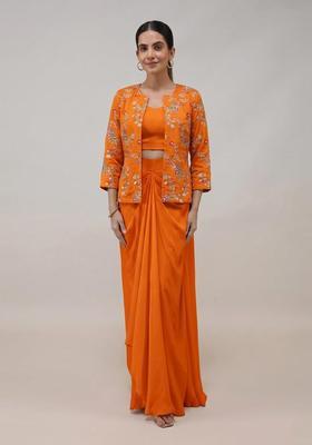 Burnt Orange Embroidered Crepe Fusion Set