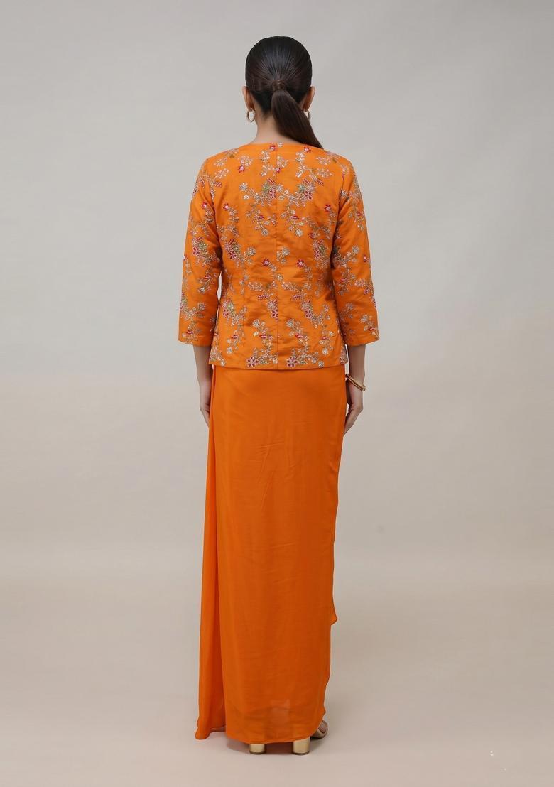 Burnt Orange Embroidered Crepe Fusion Set - Indya