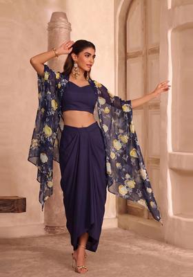 Navy Blue Printed Georgette Fusion Set