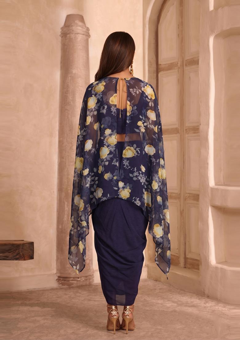 Navy Blue Printed Georgette Fusion Set - Indya
