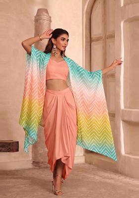 Terracotta Printed Georgette Pre Draped Saree Set