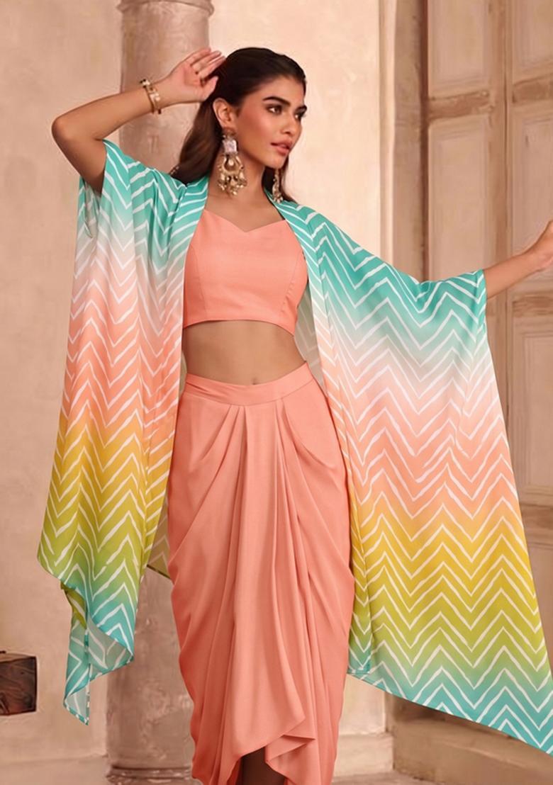 Terracotta Printed Georgette Pre Draped Saree Set - Indya