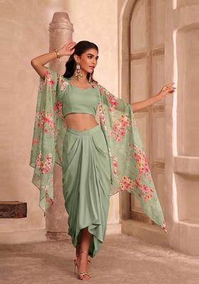 Sage Green Printed Georgette Pre Draped Saree Set