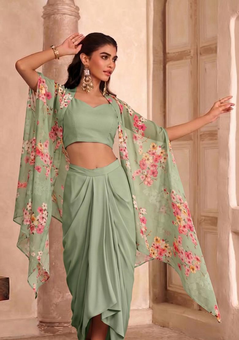 Sage Green Printed Georgette Pre Draped Saree Set - Indya