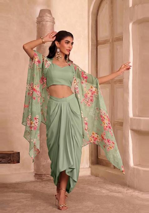 Sage Green Printed Georgette Pre Draped Saree Set