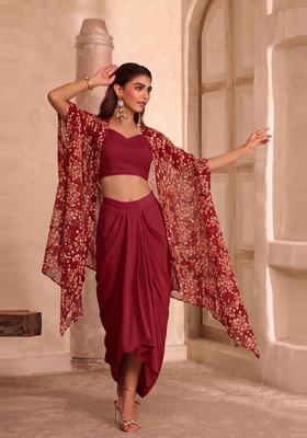 Wine Printed Georgette Fusion Set