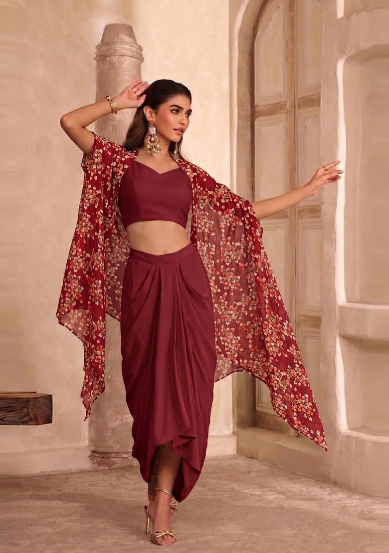 Wine Printed Georgette Fusion Set - Indya