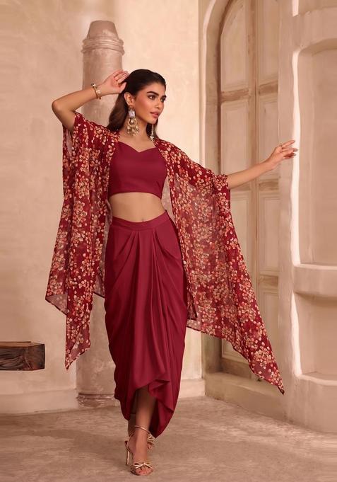 Wine Printed Georgette Fusion Set