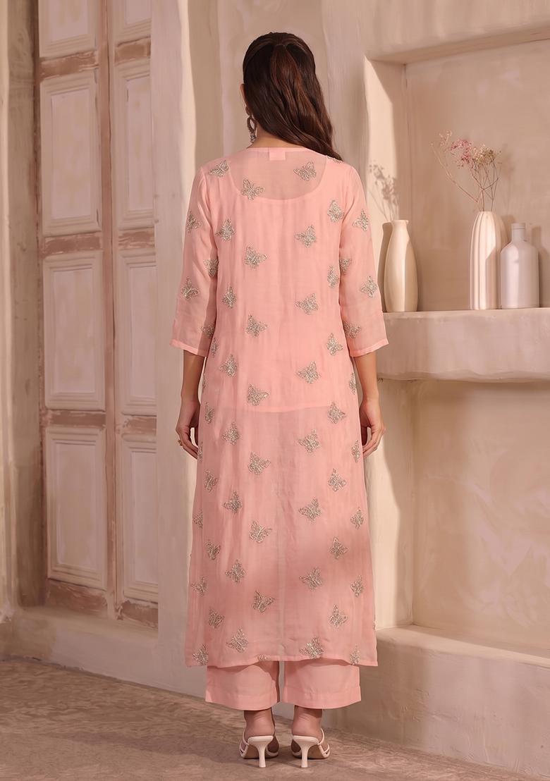 Dusty Rose Embroidered Organza Fusion Set - Indya