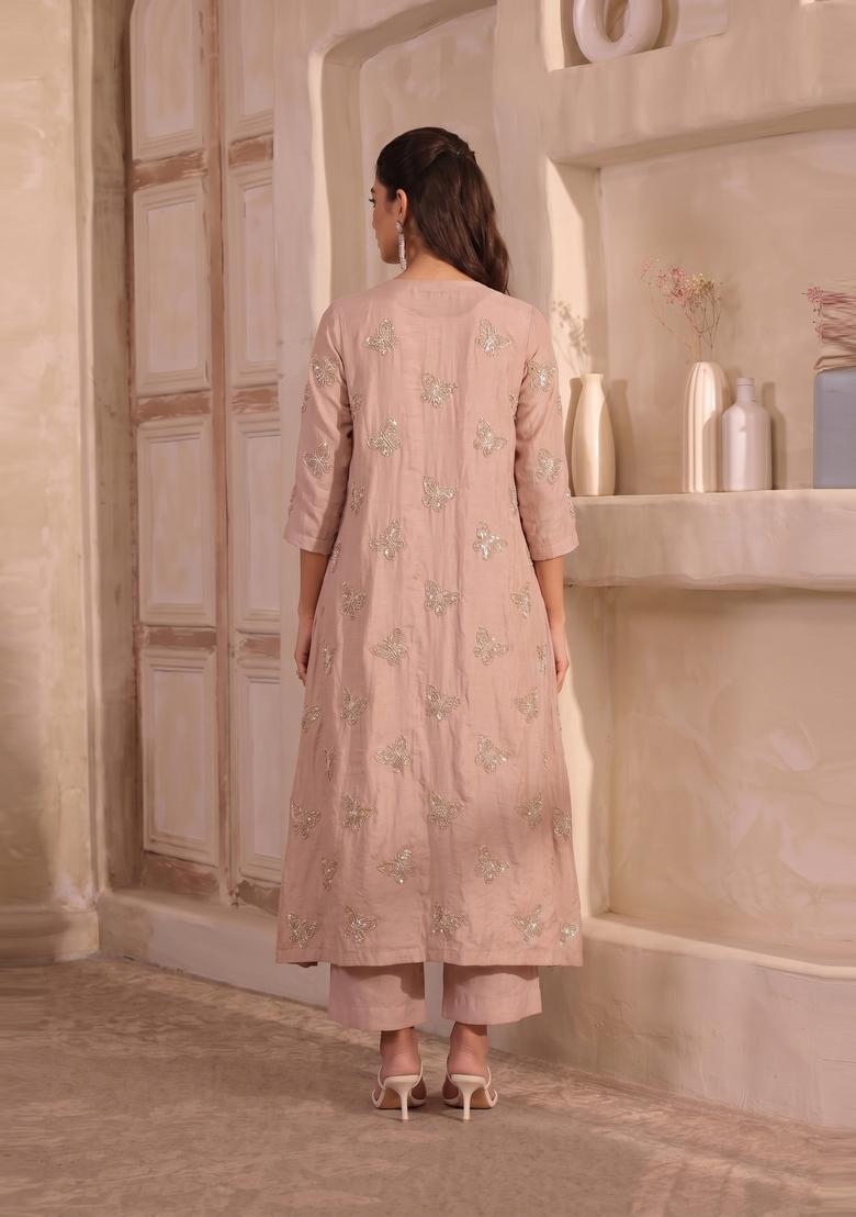 Antique Rose Embroidered Organza Kurta Set - Indya