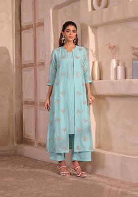 Sky Blue Embroidered Organza Fusion Set
