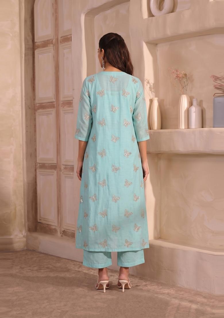 Sky Blue Embroidered Organza Fusion Set - Indya