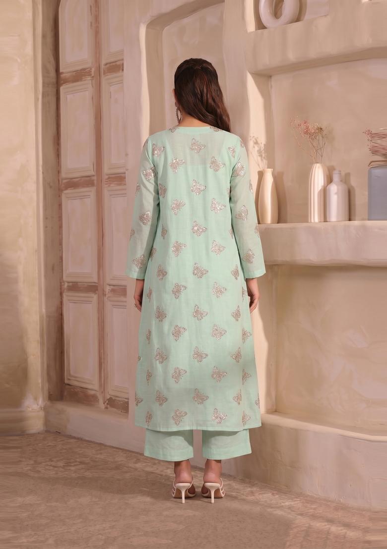 Mint Green Embroidered Organza Kurta Set - Indya