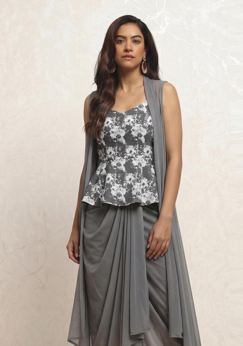 Grey Printed Georgette Fusion Set - Indya