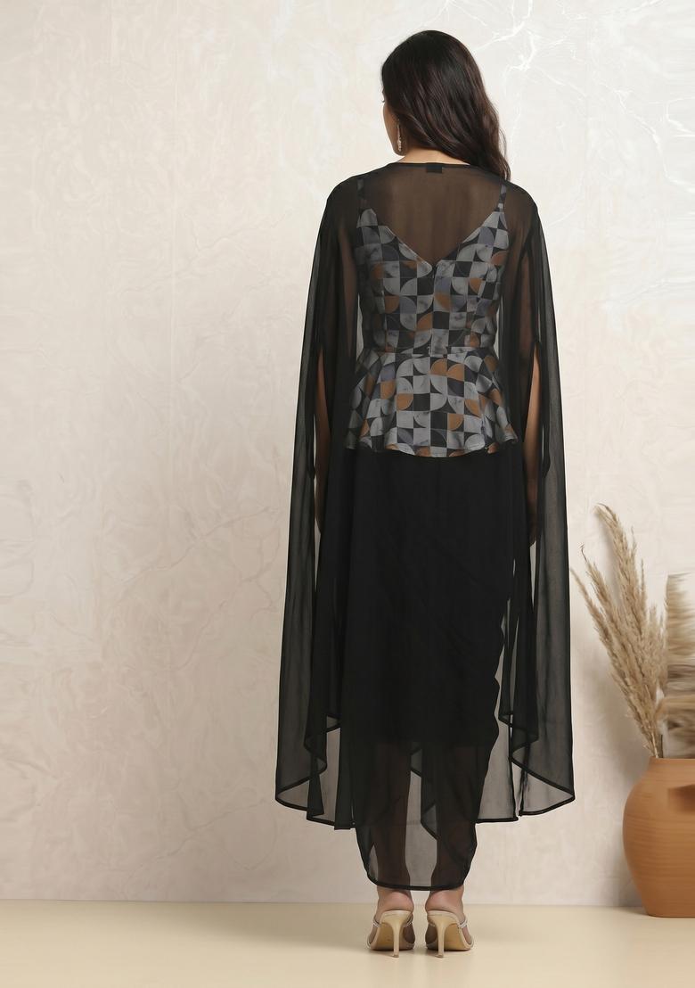 Black Printed Georgette Fusion Set - Indya