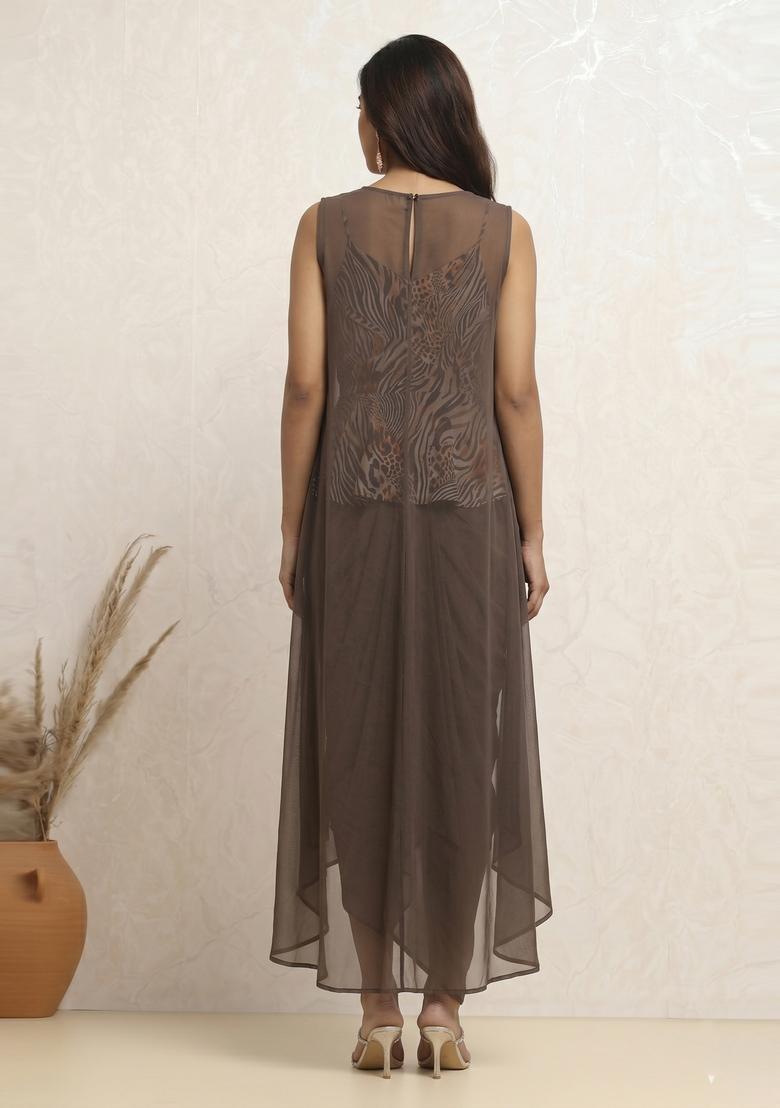Brown Printed Georgette Fusion Set - Indya