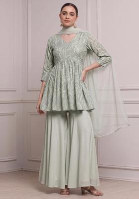 Sage Green Printed Satin Sharara Set