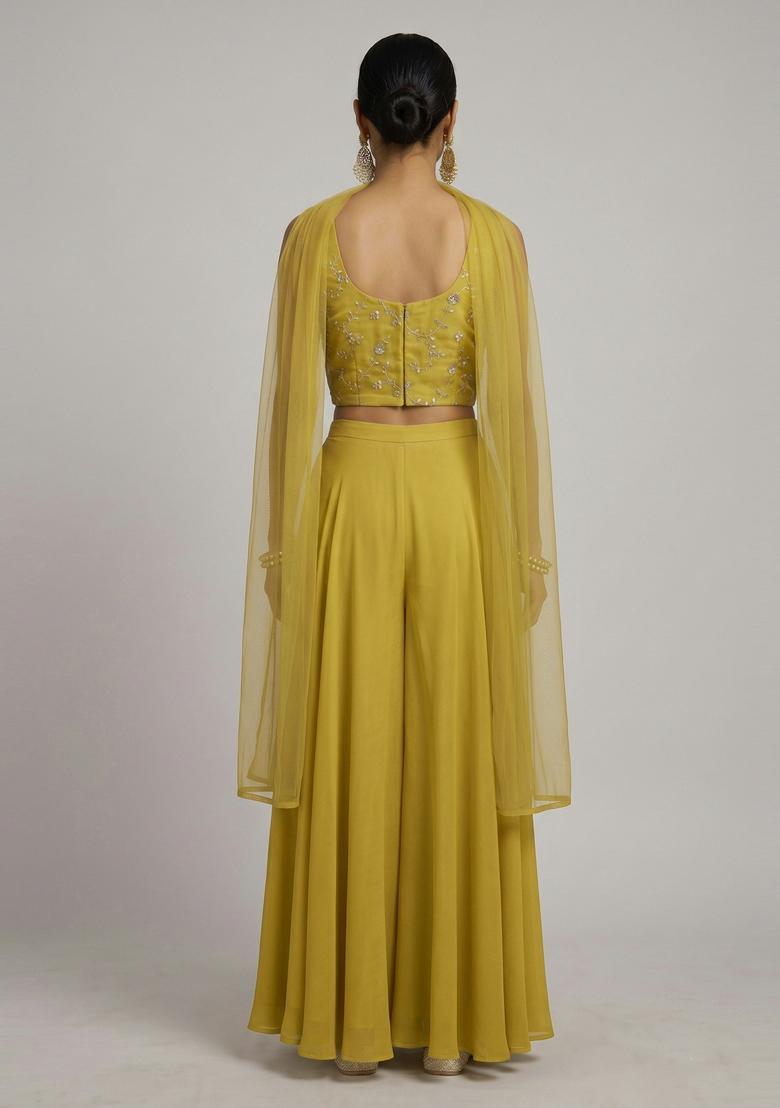 Mustard Embroidered Organza Fusion Set - Indya