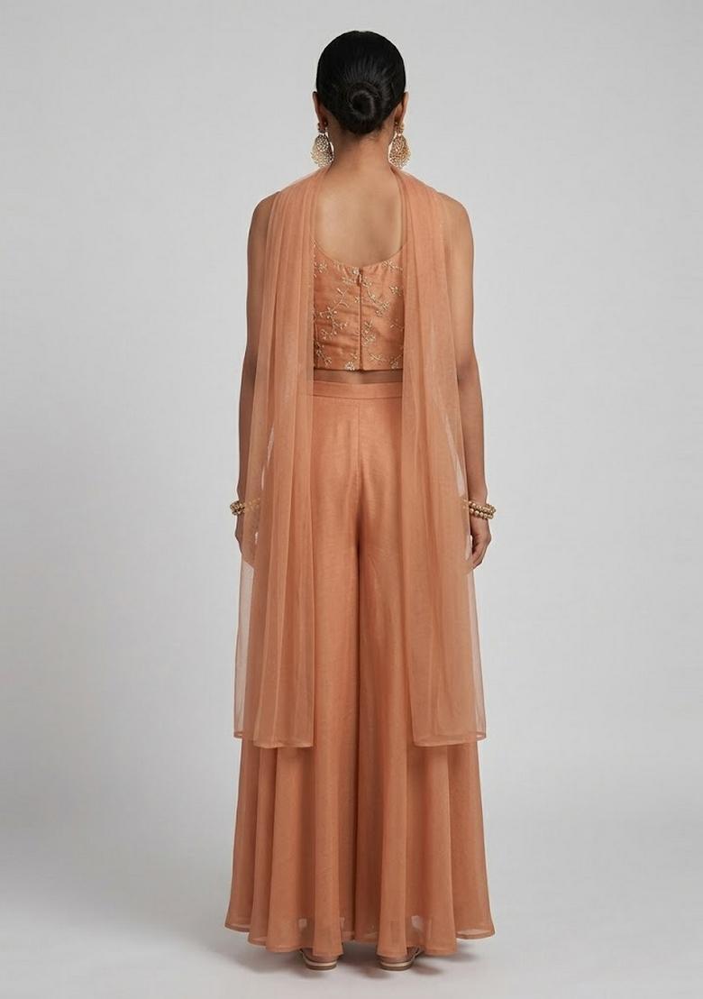 Peach Embroidered Organza Lehenga Set - Indya