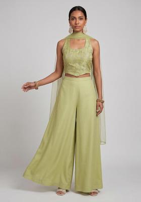 Pastel Green Embroidered Organza Fusion Set