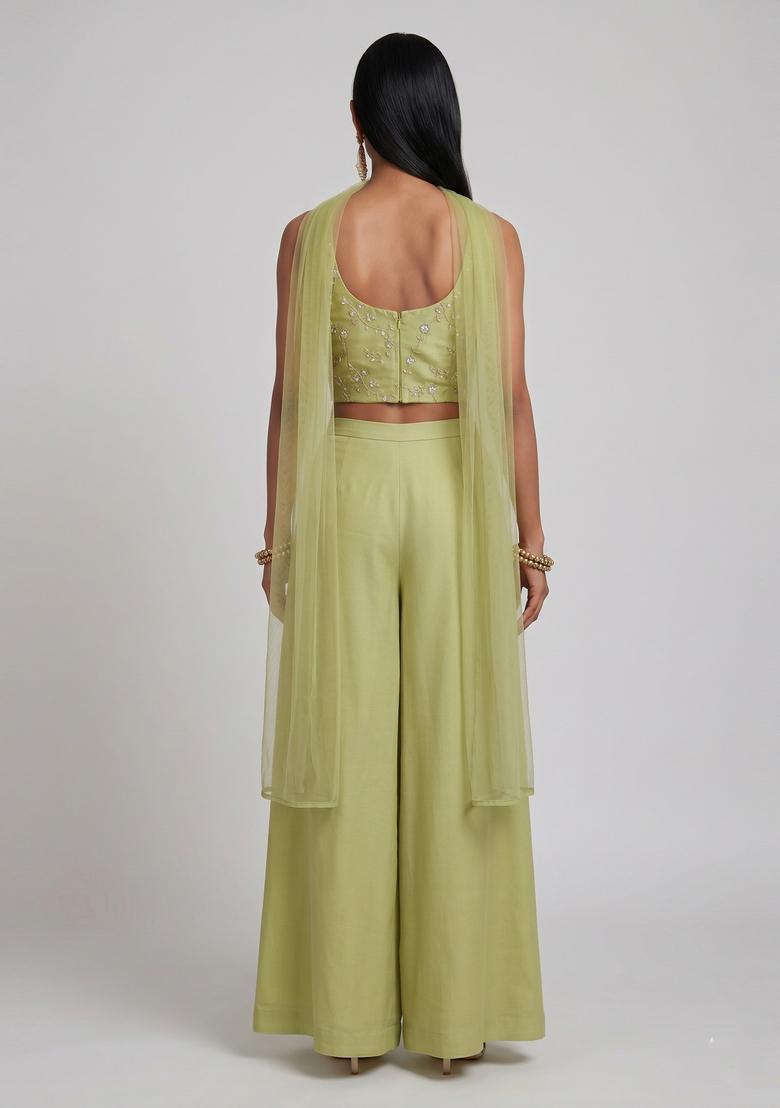 Pastel Green Embroidered Organza Fusion Set - Indya