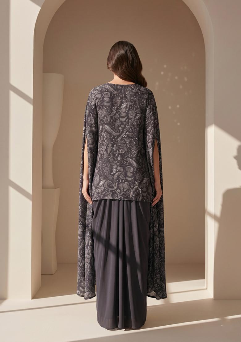Grey Printed Silk Blend Fusion Set - Indya