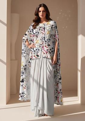 White Printed Silk Blend Pre Draped Saree Set