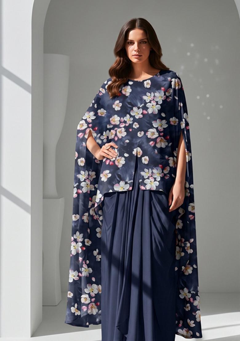 Navy Blue Printed Silk Blend Fusion Set - Indya