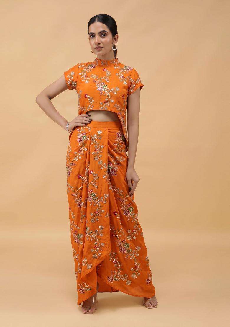 Burnt Orange Embroidered Crepe Fusion Set - Indya