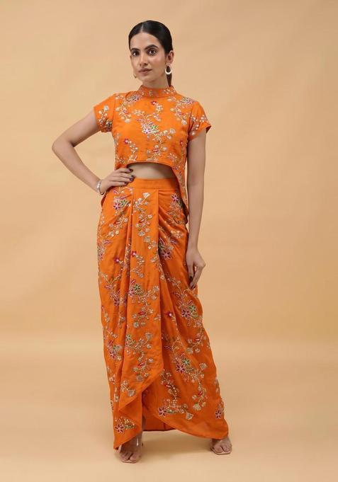Burnt Orange Embroidered Crepe Fusion Set