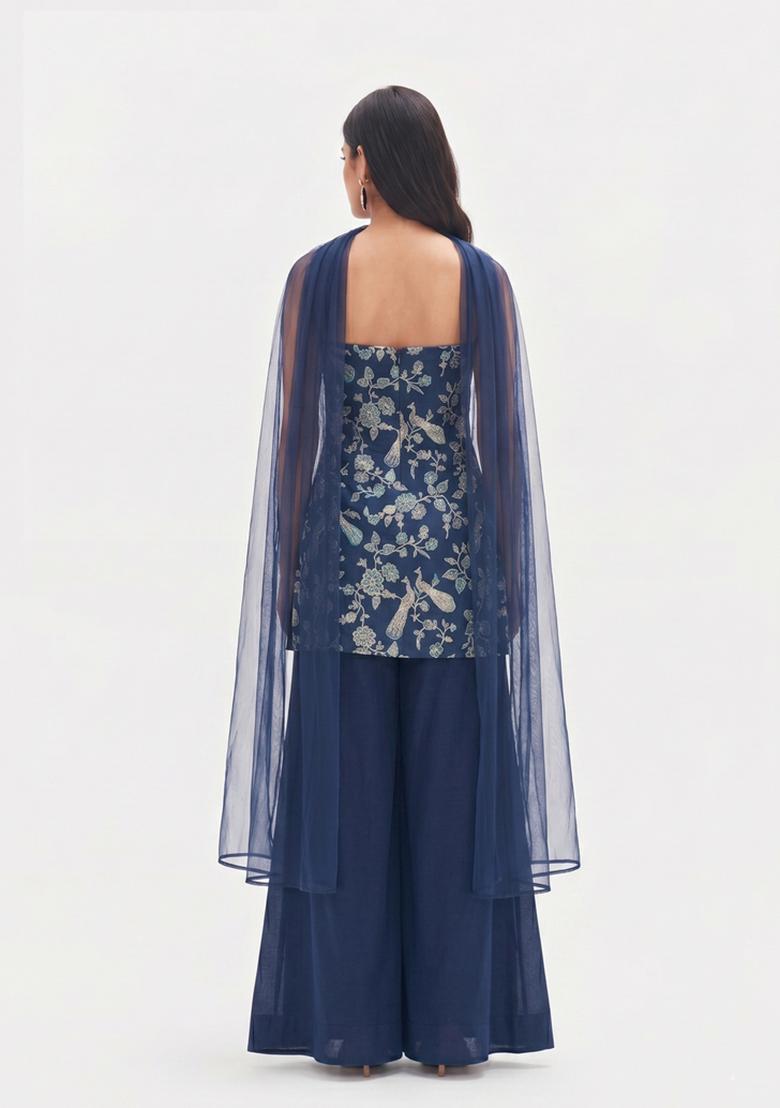 Navy Blue Printed Crepe Sharara Set - Indya