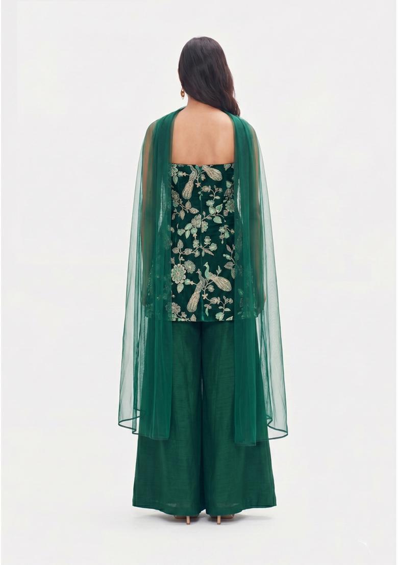 Bottle Green Printed Crepe Fusion Set - Indya