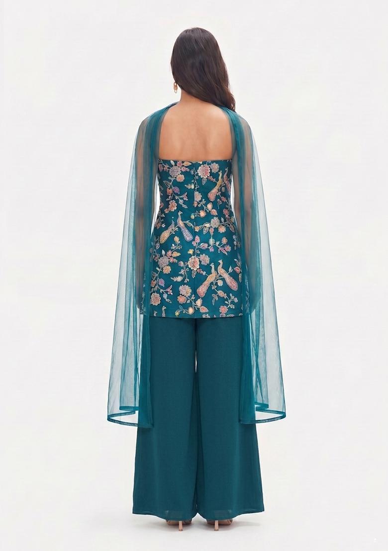 Teal Green Printed Crepe Sharara Set - Indya