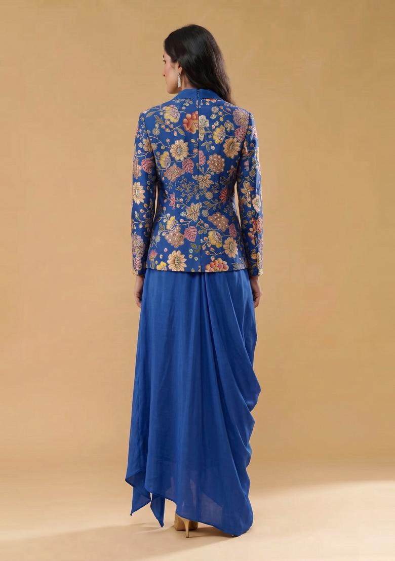 Royal Blue Printed Crepe Fusion Set - Indya