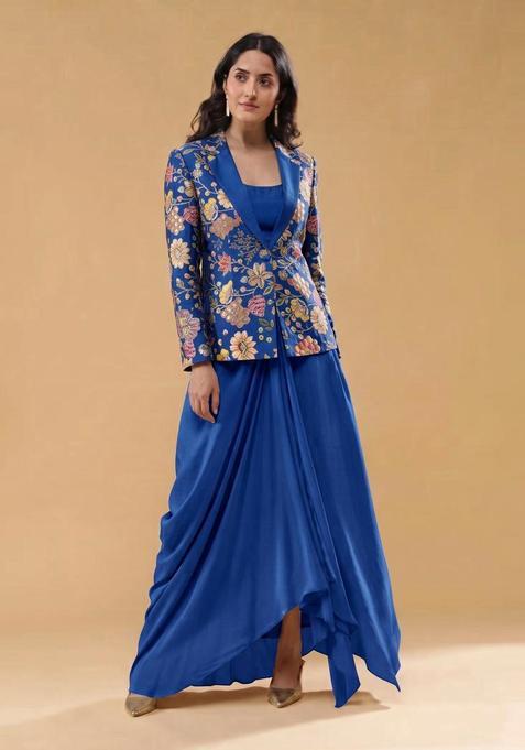Royal Blue Printed Crepe Fusion Set