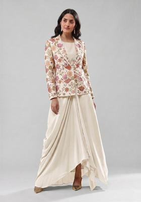 Off White Printed Crepe Fusion Set