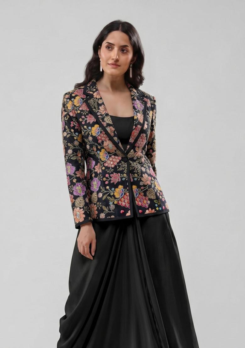 Balck Printed Crepe Fusion Set - Indya
