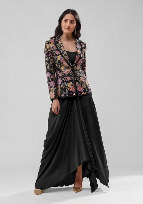 Balck Printed Crepe Fusion Set