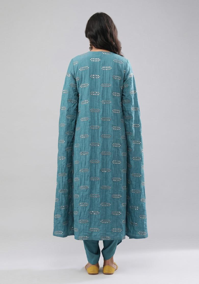 Teal Blue Sequin Silk Blend Fusion Set - Indya