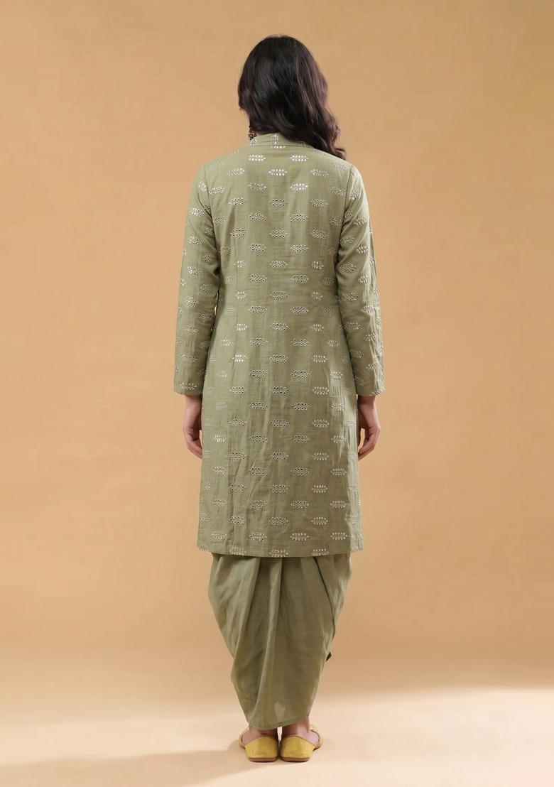 Olive Green Sequin Silk Blend Fusion Set - Indya