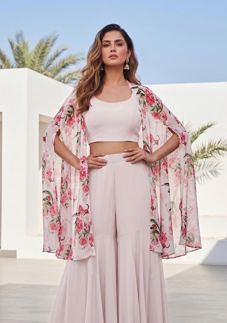 Off White Printed Georgette Fusion Set - Indya