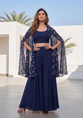 Navy Blue Printed Georgette Fusion Set